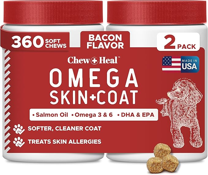 Best Itchy Skin Relief for Dogs -360 Soft Chew Omega Treats for Skin and Coat -Salmon Oil Blend of Fatty Acids, Omega 3, 6, Vitamins, Antioxidants -Made in USA (2 Packs of 180, Bacon Flavor)