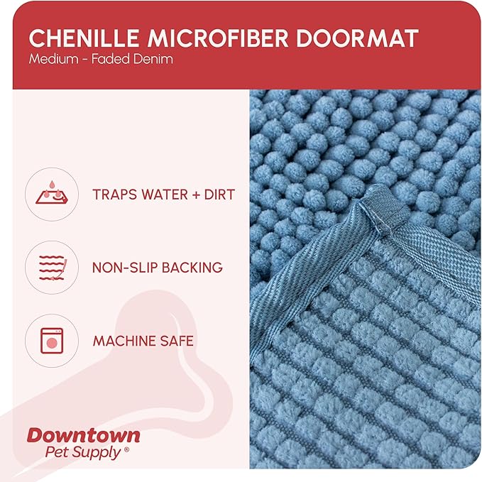 My Doggy Place Medium Faded Denim Microfiber Dog Mat, 31" x 20", Absorbent and Quick-Drying, Non-Slip Rubber Backed, Machine Washable