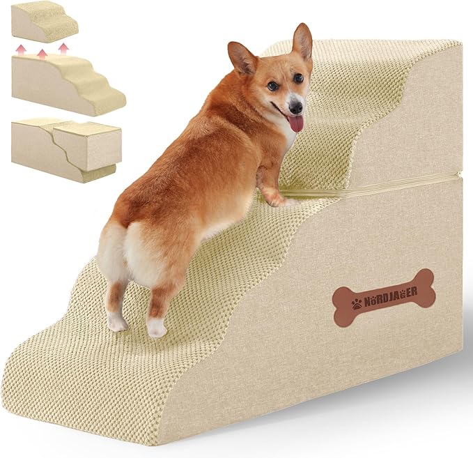 5-Step Spliceable Pet Stairs: Indoor& Outdoor Multi-Use with a Removable Cover and a Pocket, Best for Small Pets and Older Dogs Who Has Spine and Arthritis Issues to Get on High Beds, Beige（22.8" H）
