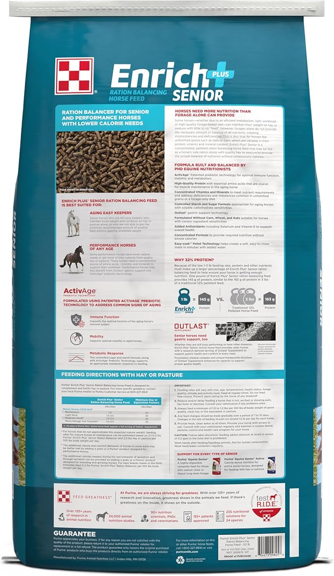 Purina | Enrich Plus Senior Ration Balancing Horse Feed | 50 Pound (50 LB) Bag