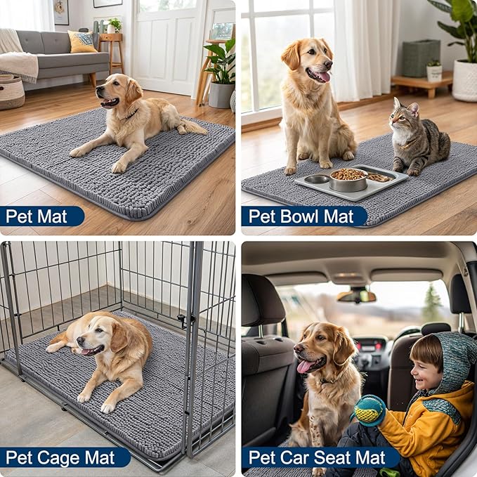 Smiry Dog Door Mat for Muddy Paws 47x24, Absorbs Moisture and Dirt Doormat, Non-Slip Washable Quick Dry Chenille Front Door Mat Indoor Entrance, Entryway Carpet for Inside Floor, Grey