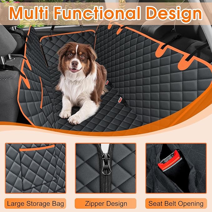 Dog Car Seat Cover, Durable Waterproof Scratch Proof Nonslip Dog Hammock, Back Seat Covers with Pocket for Cars SUVs and Trucks - S, Black/Orange