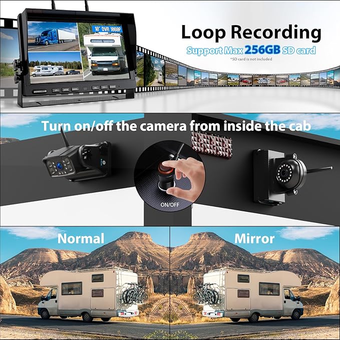 Magnetic RV Wireless Backup Camera, HD 1080P 10" Loop Recording Monitor, 2-Rear View 2-Side View Cameras Wireless System for RV Trailer Trucks, Built-in 9600mAh Battery, Night Vision- ZEROXCLUB BC104