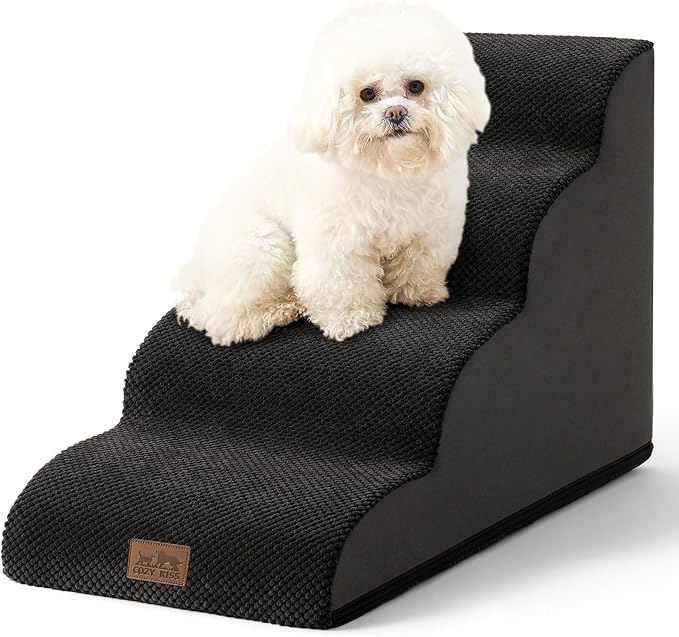 Dog Stairs for Small Dogs 19.7" H, Curved Dog Step for Puppy, Older or Cat, Medium Pet Ramp for Sofa, Couch or Bed, Ladder with High Density Foam, 15.7x28.3x19.7 inch, 4 Step, Black
