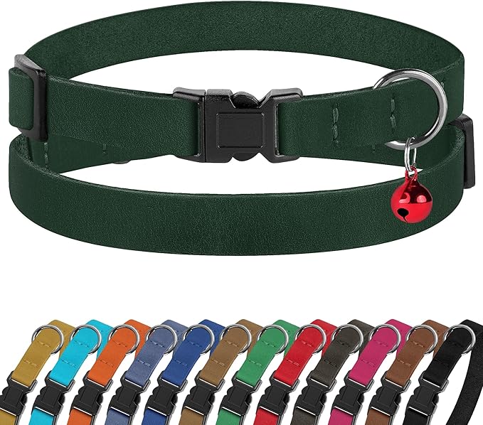 Breakaway Cat Collar Leather with Removable Bell - 13 Colors Available - Soft Adjustable Girl Boy Safety Lightweight Pet Kitten Collars Pink Brown Blue Green Red Orange Black (Emerald)