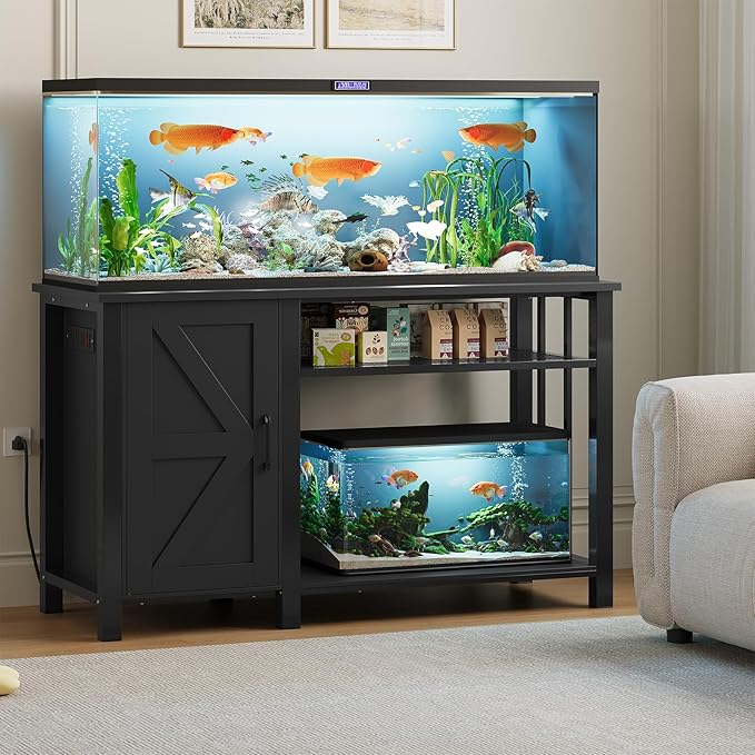 55-75 Gallon Fish Tank Stand with Power Outlet & Adjustable Shelf, Heavy Duty Aquarium Stand with Cabinet Storage for Fish Tank, Turtle Tank, Reptile Terrarium, 1000LBS Capacity, Black