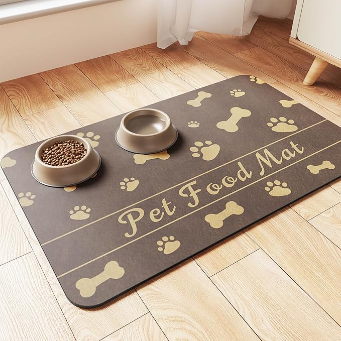 Pet Feeding Mat-Absorbent Pet Placemat for Food and Water Bowl, with Waterproof Rubber Backing, Quick Dry Water Dispenser Mat for Dog and Cat (16"x24", Brown)