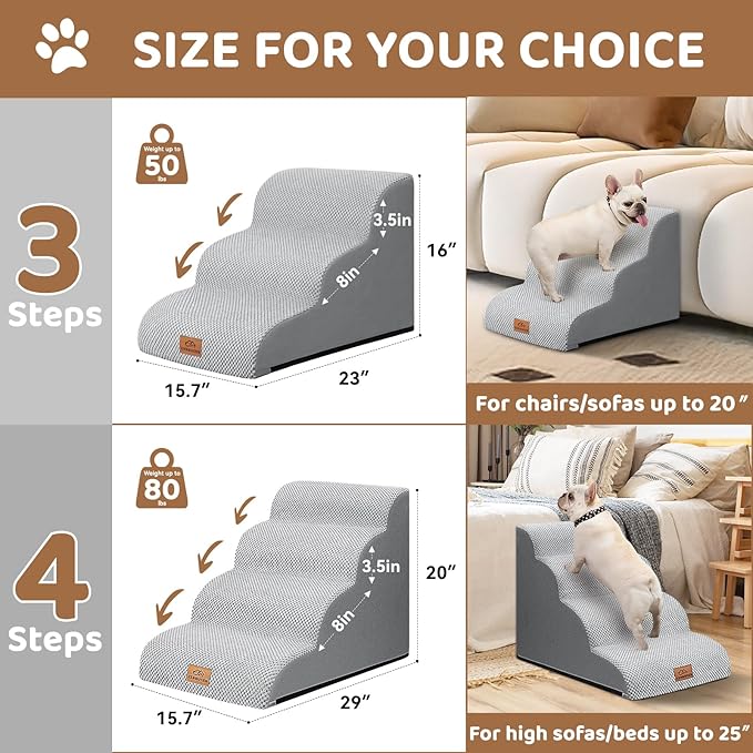 Dog Ramp and Stair for Bed 16" H-20 H,3-Step Cat Stair for Sofa and Chair,4-Step Dog Ramp for High Bed and Window,Durable Nonslip Fabric Cover for Indoor (Light Grey-16 H, Pet Friendly, 3)