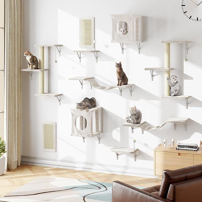 NUNU LAB Cat Wall Shelves, 10-in-1 Wall-Mounted Cat Furniture Set, Large Cat Climber Set with House, Bridge, Steps, Scratcher, DIY Playground, Shelves for Indoor Wall Furniture Set - Beige