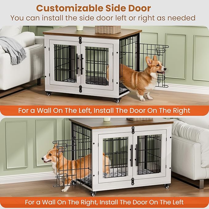 Lulive Dog Crate Furniture for Medium Dogs, 32'' Dog Kennel Indoor with Cushion & Wheels Wooden Dog Cage Double Doors Dog Crate End Table, White