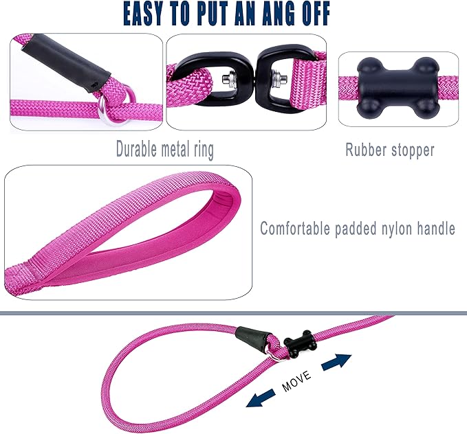 Slip Lead Dog Leash，Strong Nylon Rope Leash and Padded Handle,No Pull Outdoor Walking Training Lead for Small Medium Large Dogs(Fuchsia,1/2"×4ft)