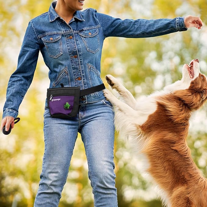 Gobeigo Dog Treat Pouch and Training Clicker, Upgrade Two Magnetic Closure to Prevent Spills, 2 Cup Treat Bag with Poop Bag Dispenser, Metal Clip Waist Belt Fanny Pack for Pet Walk (Black/Purple)