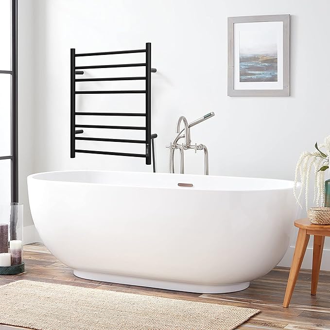 KEG Towel Warmer Wall Mounted with Built-in Timer 8 Bars Electric Stainless Steel Heated Towel Racks for Bathroom, Hot Plug-in Bath Towel Heater Matte Black (TW-8-MB)