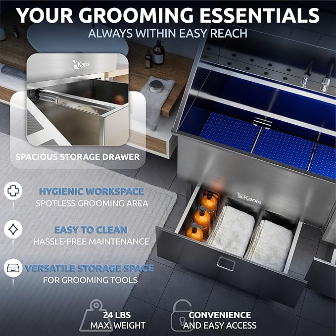 KANIS Professional Dog Washing Station - 304 Stainless Steel Pet Wash Sink & Grooming Bath Tub for Home with Ramp, Shower, Floor Grate, Storage Drawer, Faucet, Drain Kit for Large, Medium & Small Pets