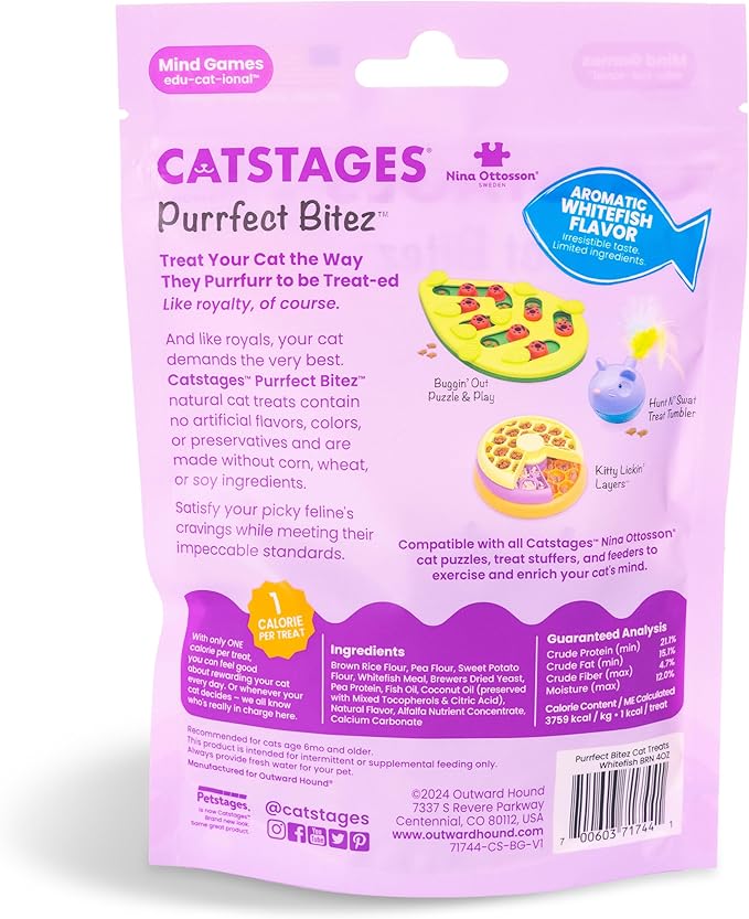 Catstages by Nina Ottosson Purrfect Bitez Natural Crunchy Cat Treats for Puzzles, Toys, Feeders, & Training, USA-Made, Real Whitefish Flavor, 4oz