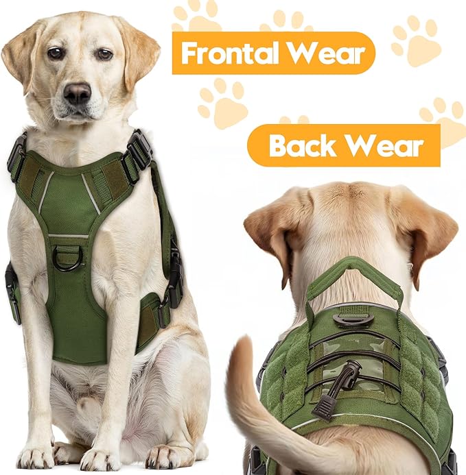 Heavy-Duty Tactical Dog Harness for Large Dogs, No Pull Adjustable Reflective Pet Vest with Molle System, K9 Military-Grade Control for Service Training, Outdoor & 10+ Breeds, Green, Small