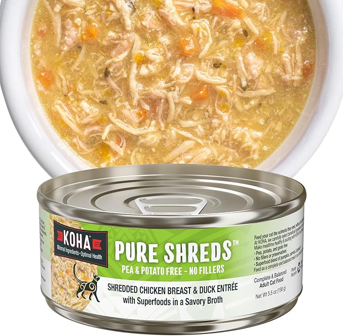 KOHA Pure Shreds Chicken and Duck Entrée for Cats, High Protein Wet Cat Food, 5.5oz Cans (Pack of 12)