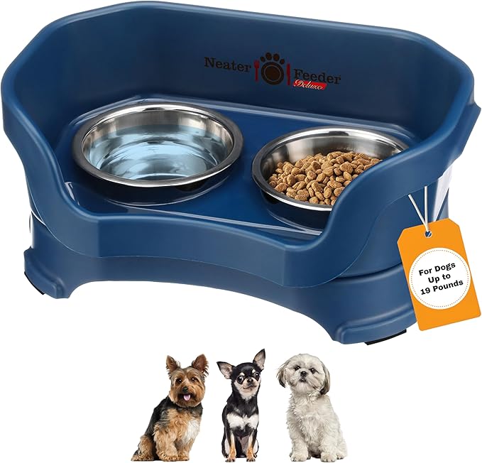 Neater Pet Brands Neater Feeder Deluxe Mess Proof Dog Bowls Elevated for Small Dogs Under 19 lbs, Made in USA, No Spill Raised Dog Food Bowl Stand Feeding Station, Food and Water Bowl Set, Dark Blue