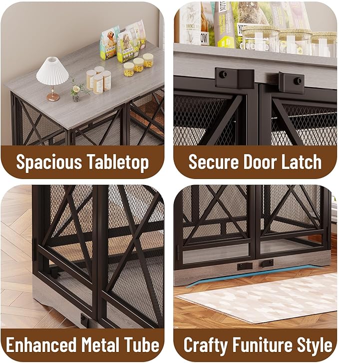 COZPAW Large Dog Crate Furniture - 48 inch Heavy Duty Dog Kennel Indoor for XLarge Breed with Double Doors, Wooden Dog Cage XL Modern Decorative End Table Pet House (Gray)