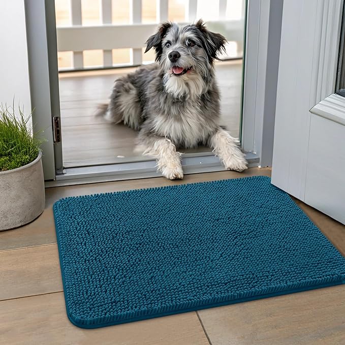 Smiry Dog Door Mat for Muddy Paws 24x16, Absorbs Moisture and Dirt Doormat, Non-Slip Washable Quick Dry Chenille Front Door Mat Indoor Entrance, Entryway Carpet for Inside Floor, Atlantic Blue