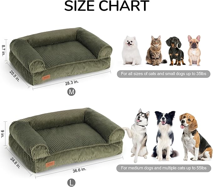 FUKUMARU Dog Couch Bed, Corduroy Cozy Cat Bed for Indoor Cats with Washable Cover, Supportive Waterproof Dog Beds Sofa for Small Dogs and Large Cats Cute, 28inch, Medium, Green