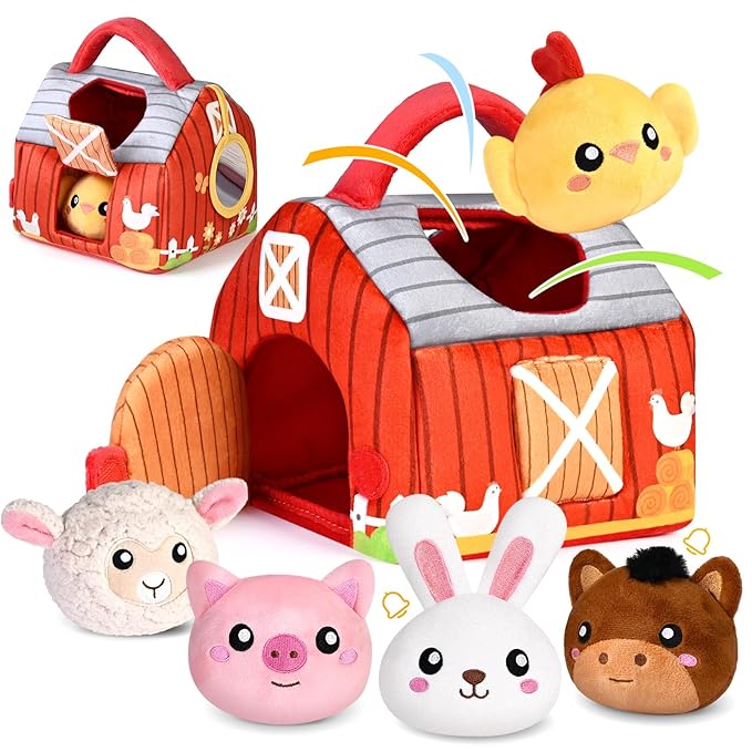 Baby Toys 0-12 Months, Plush Toy Set- 4 Sensory Soft Toys with Crinkle, Rattles for 0-3-6-9-12 Month Newborn Infant, 1st Birthday for Babies Boys Girls Age 1+ (Barn with Farm Animals)