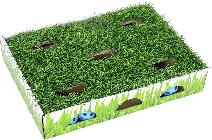 Catstages Grass Patch Hunting Box Interactive Bat & Swat Game for Indoor Cats, 3 Jingle Balls Included, Green