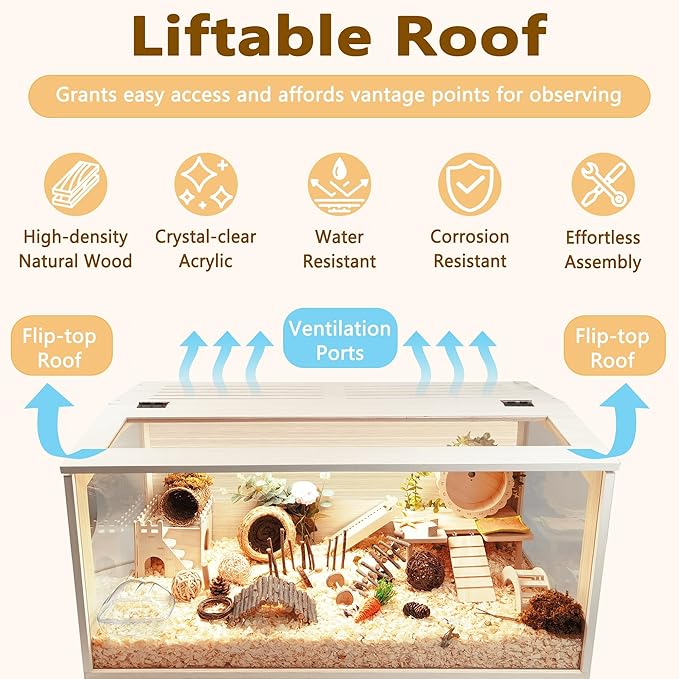 Prolee Hamster Cage Wooden Chew Proof, Extra Large Mice and Rat Habitat Openable Top with Acrylic Sheets Solid Built Small Animal Cage with Leg Stands, 40 Inch Long