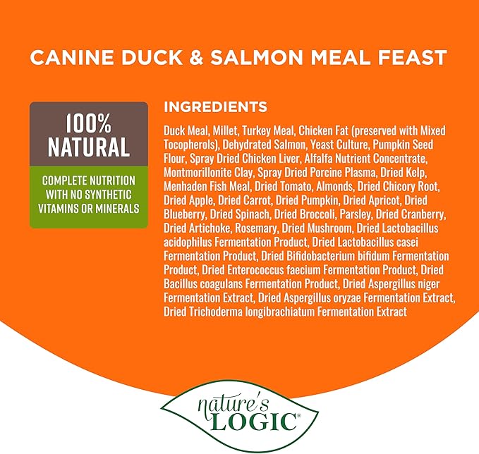Nature's Logic Dry Dog Food - 100% Natural - No Synthetics - For All Ages, Sizes, Breeds - Free From Common Allergens, High Protein - Duck & Salmon Meal Feast, 13lbs