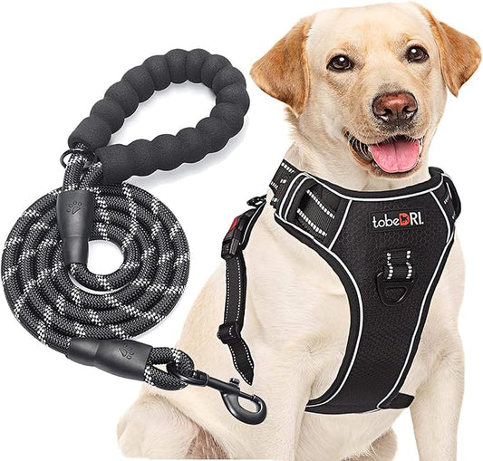 No Pull Dog Harness Adjustable Reflective Oxford Easy Control Medium Large Dog Harness with A Free Heavy Duty 5ft Dog Leash (M (Neck: 14.5"-20.5", Chest: 22"-28"), Black Harness+Leash)