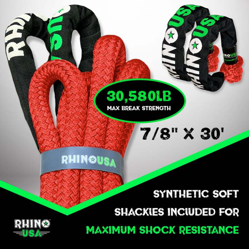 Rhino USA 7/8In X 30Ft Kinetic Rope Recovery Kit W/Soft Shackles (Red)