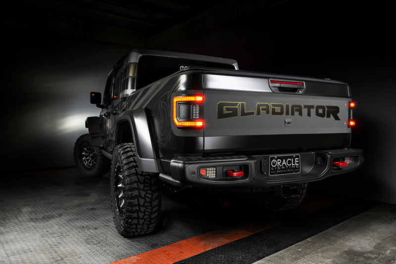 Close-up of ORACLE Lighting's Flush Mount LED Tail Lights installed on Jeep Gladiator JT, illustrating LED integration.