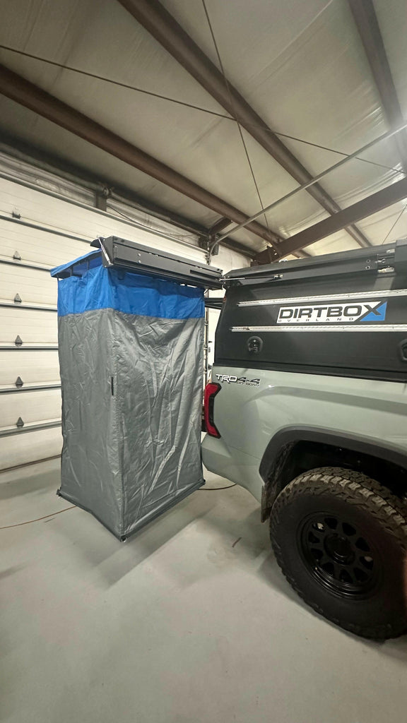 Ultimate Camp Shower Set: Hard Case Shower/Bathroom Awning + 90 Degree Swing Out