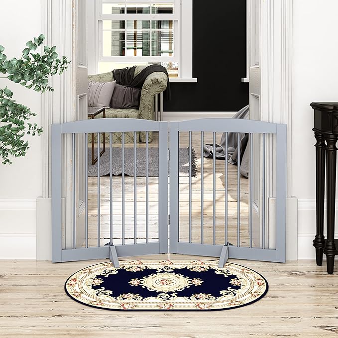 Freestanding Pet Gate for Dogs, Foldable Wooden Dog Gate for House, Indoor Pet Barrier for Stairs, Doorways, Support Feet Included, 24" Height 2 Panels, Grey