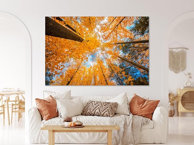 Nature Wall Art Prints - Ocean Forest Mountain Lake Canvas Landscapes - Small to Extra Large Living Room Bedroom Kitchen Bathroom Décor (Blue Sky Through Yellow Autumn Trees, 35L" x 53W")