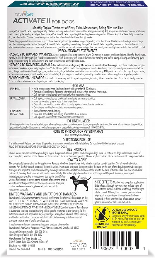 TevraPet Activate II Flea and Tick Prevention for Dogs | 4 Count | Extra Large Dogs 55+ lbs | Topical Drops | 4 Months Flea Treatment
