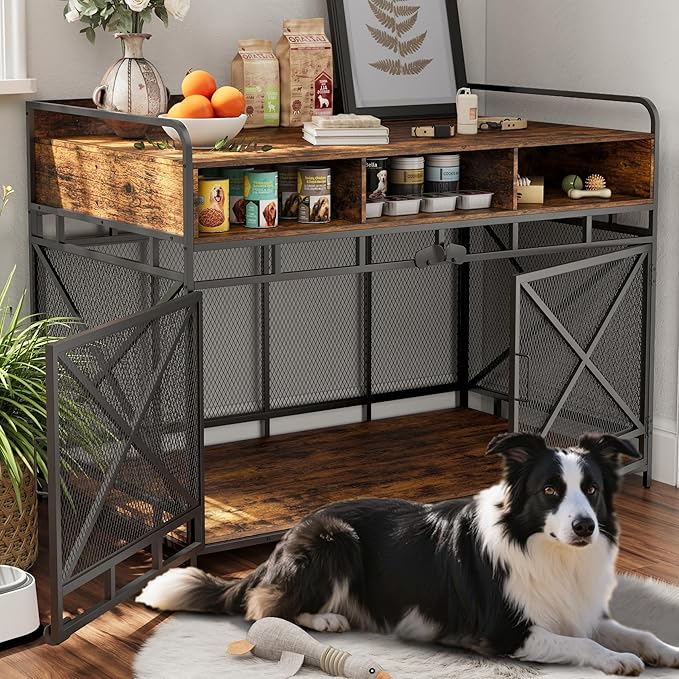 Dog Crate Furniture, 48" Heavy Duty Wooden Dog Crate End Table, XL Dog Kennel Furniture Large Breed, Decorative Dog Kenne Indoor with 3 Drawers & Steel Tubes 48" L x28 W x36 H (Rustic Brown)