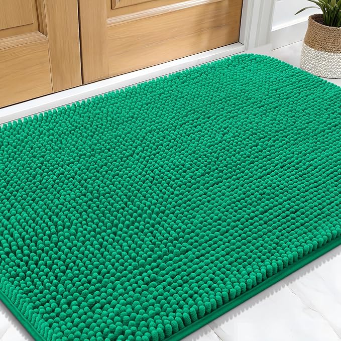OLANLY Dog Door Mat for Muddy Paws 30x20, Absorbs Moisture and Dirt, Absorbent Non-Slip Washable Doormat, Quick Dry Chenille Mud Mat, Entry Indoor Entryway Carpet for Inside Floor, Emerald Green