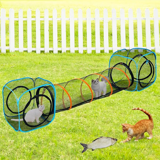 Pet Play Tunnel + Cube(with Three Ways) for Indoor and Outdoor, Kitty Play House, Cat Enclosures, Collapsible Cat Tent, Cage, Kitten Toys Easy to Connect with Kitty Tent（2 Cubes + Run Tunnel）