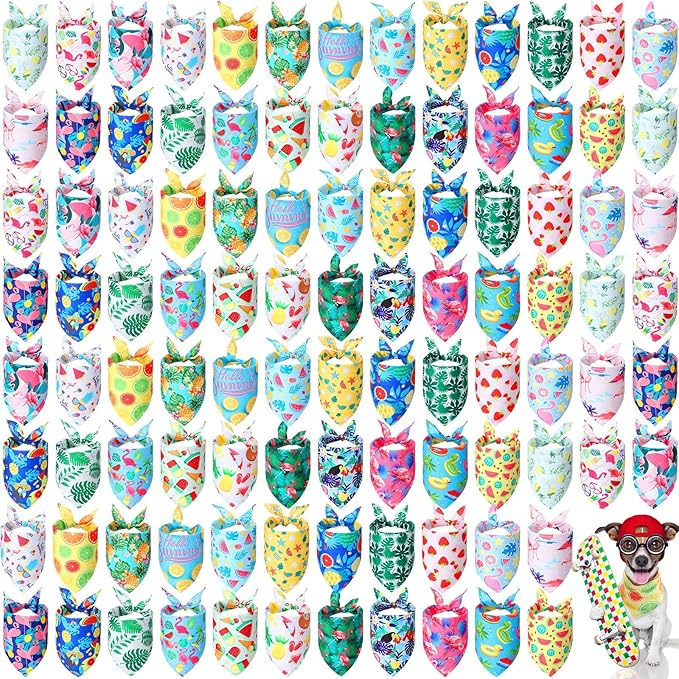Chunful 100 Pieces Dog Bandanas Bulk Summer Pet Bandanas Pack Triangle Scarf Bib Kerchief Set for Small Large Dog Costume Accessories Decoration(25.6 x 17.7 x 17.7,Fruit)