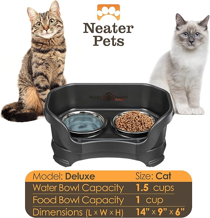 Neater Feeder Deluxe Mess Proof Cat Bowls Elevated for All Breeds – Made in USA – No Spill Raised Bowls for Indoor Cats – Stainless Steel Food and Water Bowl Set, Pet Dish Feeding Station, Black