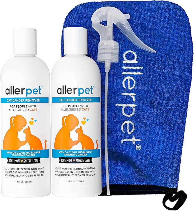Allerpet Cat Dander Remover w/Free Applicator Mitt & Sprayer - Effective Cat Dander Reduction - Anti Allergen Solution Made in USA - 2 Pack (12oz)