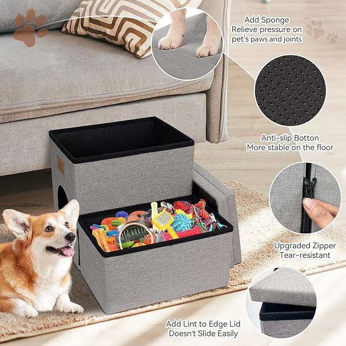 Dog Stairs 15" H, 2-Step Wider Dog Steps for Small/Medium/Large Old Dogs Cats, Folding Sturdy Storage Pet Stairs Climbing Bed Couch, Dog Ramp for Car Hold Up to 150 lbs(Gray, with Condo)