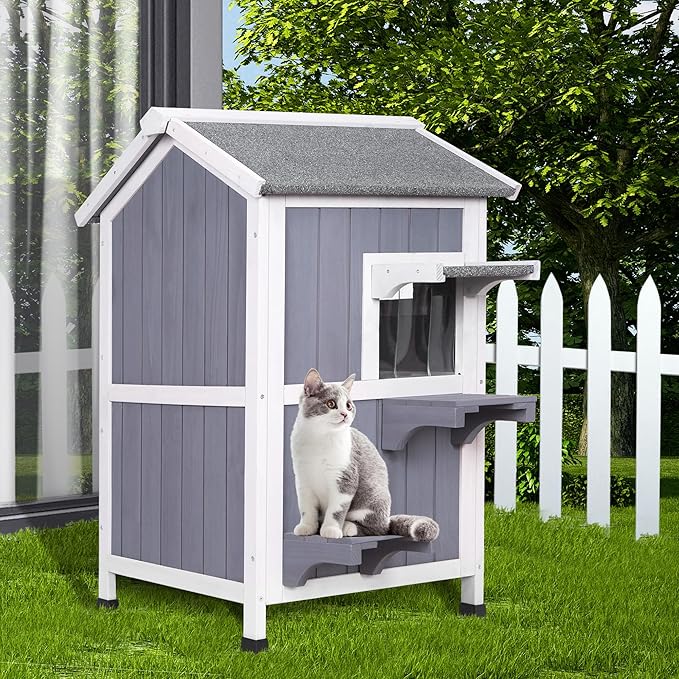 GEGURI Outdoor Cat House Weatherproof, Wooden Two-Story Feral Cat Shelter with Openable Roof, Escape Door, Balcony