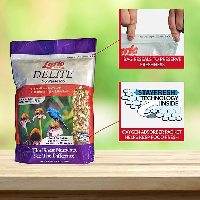 Lyric Delite Wild Bird Seed - No Waste Bird Food Mix with Shell-Free Nuts & Seeds - Attracts Buntings, Chickadees & Finches - 5 lb bag
