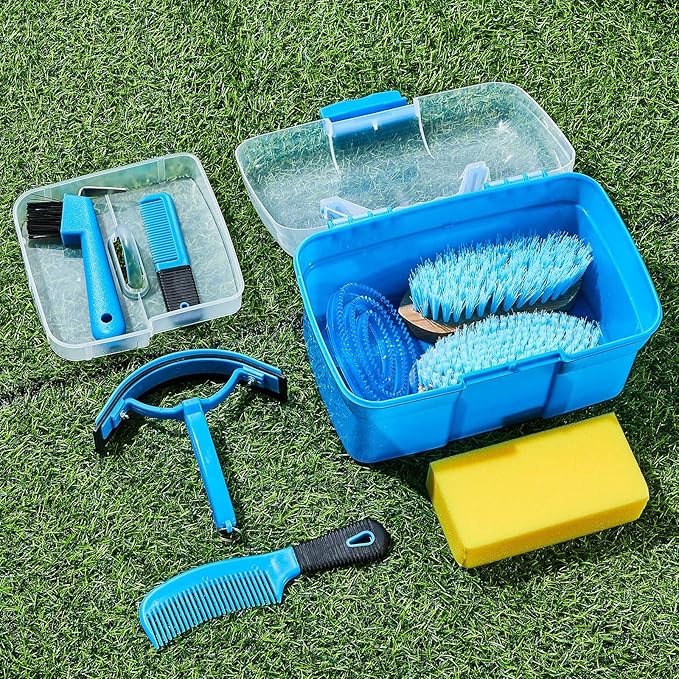 Cunhill 9 Pieces Horse Grooming Kit Tack Room Supplies Set with Organizer Tote Box, Oval Massage Curry, Hard and Soft Brush, Hoof Pick, Sweat Scraper, Bathing Sponge, Combs for Horse Riders Beginners