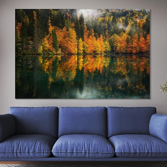 Nature Wall Art Prints - Ocean Forest Mountain Lake Canvas Landscapes - Small to Extra Large Living Room Bedroom Kitchen Bathroom Décor (Autumn by the Lake, 28L" x 41W")