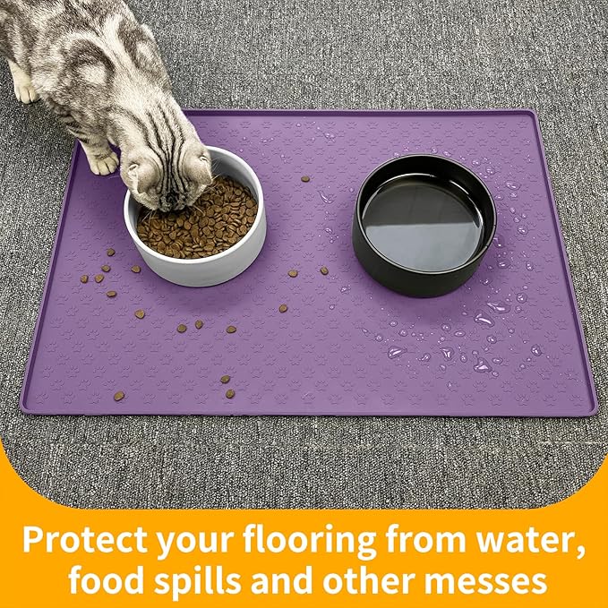 Ptlom Dog Food Mat Anti-Slip Pet Bowl Mats for Food and Water, High-Lips Pet Placemat Prevent Messy Spills to Floor, Waterproof Puppy Feeding Tray for Small, Medium Large Dogs Cats, Silicone