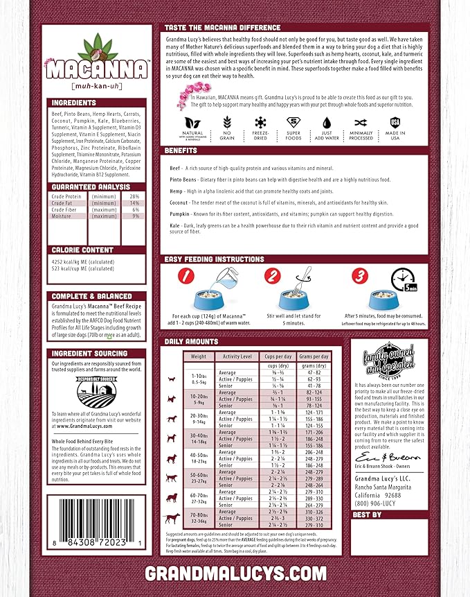 Grandma Lucy's Macanna Dog Food, Grain Free and Freeze-Dried - Beef Recipe, 3Lb Bag