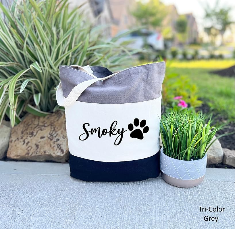 Custom Dog Tote Bag Personalized Dog Mom Gift Dog Toys Totes Pet Gift Custom Pet Bag Gift For Dog Mom Dog Lover Bag (15"L x 15"H x 3"D, Tri-Color Grey)
